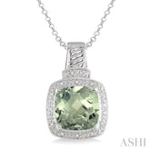 10x10 MM Cushion Shape Green Amethyst and 1/20 Ctw Single Cut Diamond Pendant in Sterling Silver with Chain