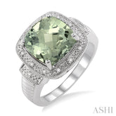 10x10 MM Cushion Shape Green Amethyst and 1/20 Ctw Round Cut Diamond Ring in Sterling Silver