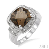 10x10 MM Cushion Shape Smoky Quartz and 1/20 Ctw Round Cut Diamond Ring in Sterling Silver