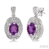8x6 MM Oval Cut Amethyst and 1/50 Ctw Round Cut Diamond Earrings in Sterling Silver