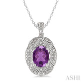 9x7 MM Oval Cut Amethyst and 1/50 Ctw Round Cut Diamond Pendant in Sterling Silver with Chain