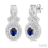 4x3 MM Oval Cut Sapphire and 1/20 Ctw Round Cut Diamond Earrings in Sterling Silver
