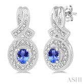 4x3 MM Oval Cut Tanzanite and 1/20 Ctw Round Cut Diamond Earrings in Sterling Silver