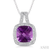 10x10 MM Cushion Shape Amethyst and 1/20 Ctw Round Cut Diamond Pendant in Sterling Silver with Chain