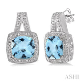 8x8 MM Cushion Shape Blue Topaz and 1/20 Ctw Round Cut Diamond Earrings in Sterling Silver