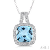 10x10 MM Cushion Shape Blue Topaz and 1/20 Ctw Round Cut Diamond Pendant in Sterling Silver with Chain