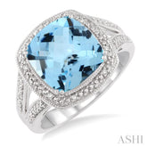 10x10 MM Cushion Shape Blue Topaz and 1/20 Ctw Round Cut Diamond Ring in Sterling Silver