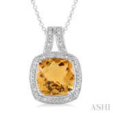 10x10 MM Cushion Shape Citrine and 1/20 Ctw Round Cut Diamond Pendant in Sterling Silver with Chain