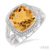 10x10 MM Cushion Shape Citrine and 1/20 Ctw Round Cut Diamond Ring in Sterling Silver