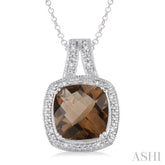 10x10 MM Cushion Shape Smoky Quartz and 1/20 Ctw Round Cut Diamond Pendant in Sterling Silver with Chain