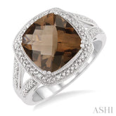 10x10 MM Cushion Shape Smoky Quartz and 1/20 Ctw Round Cut Diamond Ring in Sterling Silver