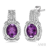 8x6 MM Oval Cut Amethyst and 1/20 Ctw Round Cut Diamond Earrings in Sterling Silver