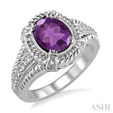 9x7 MM Oval Cut Amethyst and 1/50 Ctw Round Cut Diamond Ring in Sterling Silver