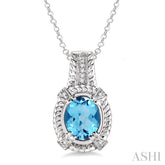 9x7 MM Oval Cut Blue Topaz and 1/50 Ctw Round Cut Diamond Pendant in Sterling Silver with Chain