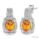 8x6 MM Oval Cut Citrine and 1/20 Ctw Round Cut Diamond Earrings in Sterling Silver