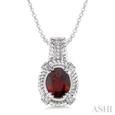 9x7 MM Oval Cut Garnet and 1/50 Ctw Round Cut Diamond Pendant in Sterling Silver with Chain