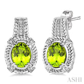 8x6 MM Oval Cut Peridot and 1/20 Ctw Round Cut Diamond Earrings in Sterling Silver