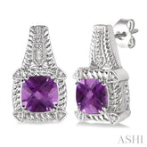 7x7 MM Cushion Shape Amethyst and 1/20 Ctw Round Cut Diamond Earrings in Sterling Silver