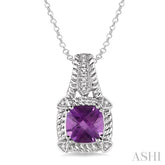 8x8 MM Cushion Shape Amethyst and 1/50 Ctw Round Cut Diamond Pendant in Sterling Silver with Chain