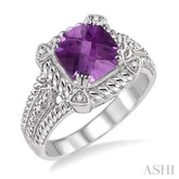 8x8 MM Cushion Shape Amethyst and 1/50 Ctw Round Cut Diamond Ring in Sterling Silver
