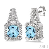 7x7 MM Cushion Shape Blue Topaz and 1/20 Ctw Round Cut Diamond Earrings in Sterling Silver