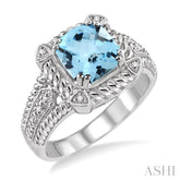8x8 MM Cushion Shape Blue Topaz and 1/50 Ctw Round Cut Diamond Ring in Sterling Silver