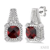 7x7 MM Cushion Shape Garnet and 1/20 Ctw Round Cut Diamond Earrings in Sterling Silver