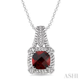 8x8 MM Cushion Shape Garnet and 1/50 Ctw Round Cut Diamond Pendant in Sterling Silver with Chain