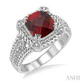 8x8 MM Cushion Shape Garnet and 1/50 Ctw Round Cut Diamond Ring in Sterling Silver