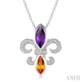 10x5 & 8x4 MM Marquise cut Amethyst and Citrine and 1/50 Ctw Round Cut Diamond Fleur De Lis Pendant in Sterling Silver with Chain
