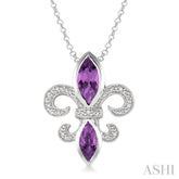 10x5 & 8x4 MM Marquise cut Amethyst and 1/50 Ctw Round Cut Diamond Fleur De Lis Pendant in Sterling Silver with Chain