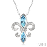 10x5 & 8x4 MM Marquise cut Blue Topaz and 1/50 Ctw Round Cut Diamond Fleur De Lis Pendant in Sterling Silver with Chain
