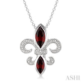 10x5 & 8x4 MM Marquise cut Garnet and 1/50 Ctw Round Cut Diamond Fleur De Lis Pendant in Sterling Silver with Chain