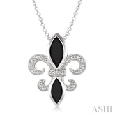 10x5 & 8x4 MM Marquise cut Onyx and 1/50 Ctw Round Cut Diamond Fleur De Lis Pendant in Sterling Silver with Chain