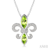 10x5 & 8x4 MM Marquise cut Peridot and 1/50 Ctw Round Cut Diamond Fleur De Lis Pendant in Sterling Silver with Chain