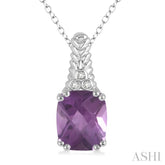12x10 MM Cushion Shape Amethyst and 1/50 Ctw Round Cut Diamond Pendant in Sterling Silver with Chain