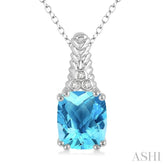 12x10 MM Cushion Shape Blue Topaz and 1/50 Ctw Round Cut Diamond Pendant in Sterling Silver with Chain