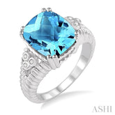 12x10 MM Cushion Shape Blue Topaz and 1/20 Ctw Round Cut Diamond Ring in Sterling Silver