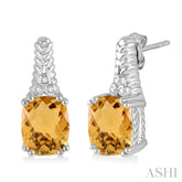 9x7 MM Cushion Shape Citrine and 1/20 Ctw Round Cut Diamond Earrings in Sterling Silver