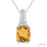12x10 MM Cushion Shape Citrine and 1/50 Ctw Round Cut Diamond Pendant in Sterling Silver with Chain