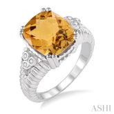 12x10 MM Cushion Shape Citrine and 1/20 Ctw Round Cut Diamond Ring in Sterling Silver
