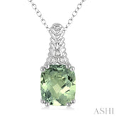 12x10 MM Cushion Shape Green Amethyst and 1/50 Ctw Round Cut Diamond Pendant in Sterling Silver with Chain