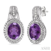 9x7 MM Oval Cut Amethyst and 1/20 Ctw Round Cut Diamond Earrings in Sterling Silver