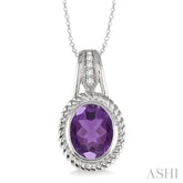 10x8 MM Oval Cut Amethyst and 1/20 Ctw Round Cut Diamond Pendant in Sterling Silver with Chain