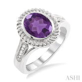 10x8 MM Oval Cut Amethyst and 1/20 Ctw Round Cut Diamond Ring in Sterling Silver