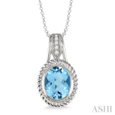 10x8 MM Oval Cut Blue Topaz and 1/20 Ctw Round Cut Diamond Pendant in Sterling Silver with Chain