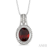 10x8 MM Oval Cut Garnet and 1/20 Ctw Round Cut Diamond Pendant in Sterling Silver with Chain