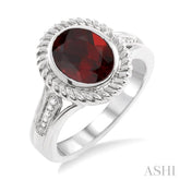 10x8 MM Oval Cut Garnet and 1/20 Ctw Round Cut Diamond Ring in Sterling Silver
