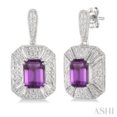 7x5 MM Emerald Shape Amethyst and 1/20 Ctw Round Cut Diamond Earrings in Sterling Silver