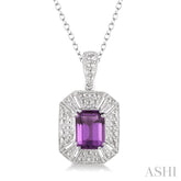 8x6 MM Emerald Shape Amethyst and 1/50 Ctw Round Cut Diamond Pendant in Sterling Silver with Chain